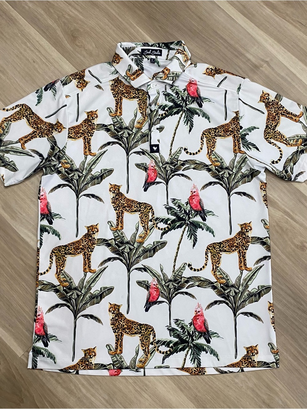 Bad Birdie Golf Polo Shirt Mens Medium M White Leopard Cheetah Jungle
